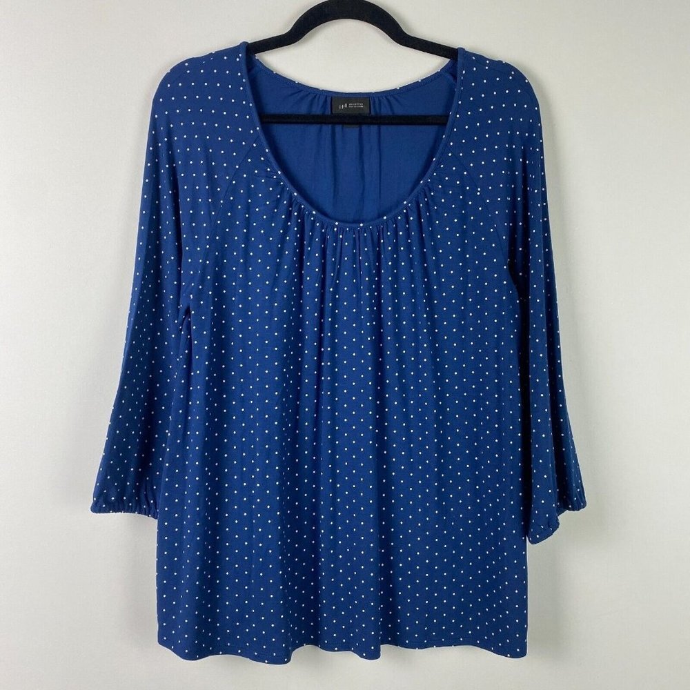J. Jill Wearever Collection Top Womens M Blue White Polka Dot 3/4 Sleeves